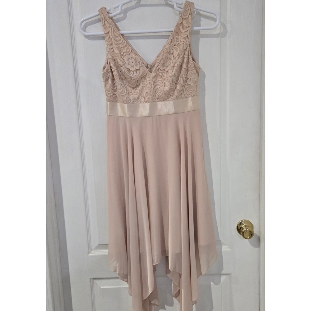 Ever Pretty Handkerchief Dress Womens L Pink Lace Chiffon V-Neck cocktail